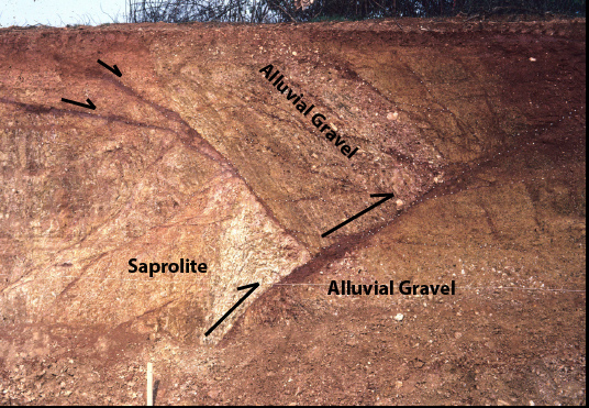 The Everona fault in Everona, VA. This Quaternary thrust fault is within the Central Virginia seismic zone.