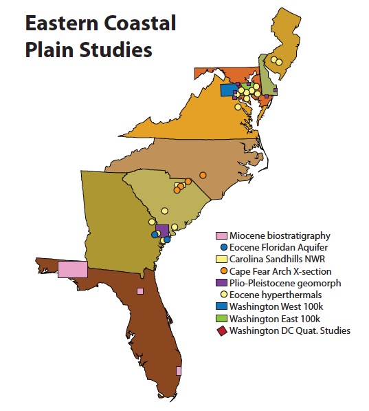 Map showing mapping and research areas along the east coast of the U.S.