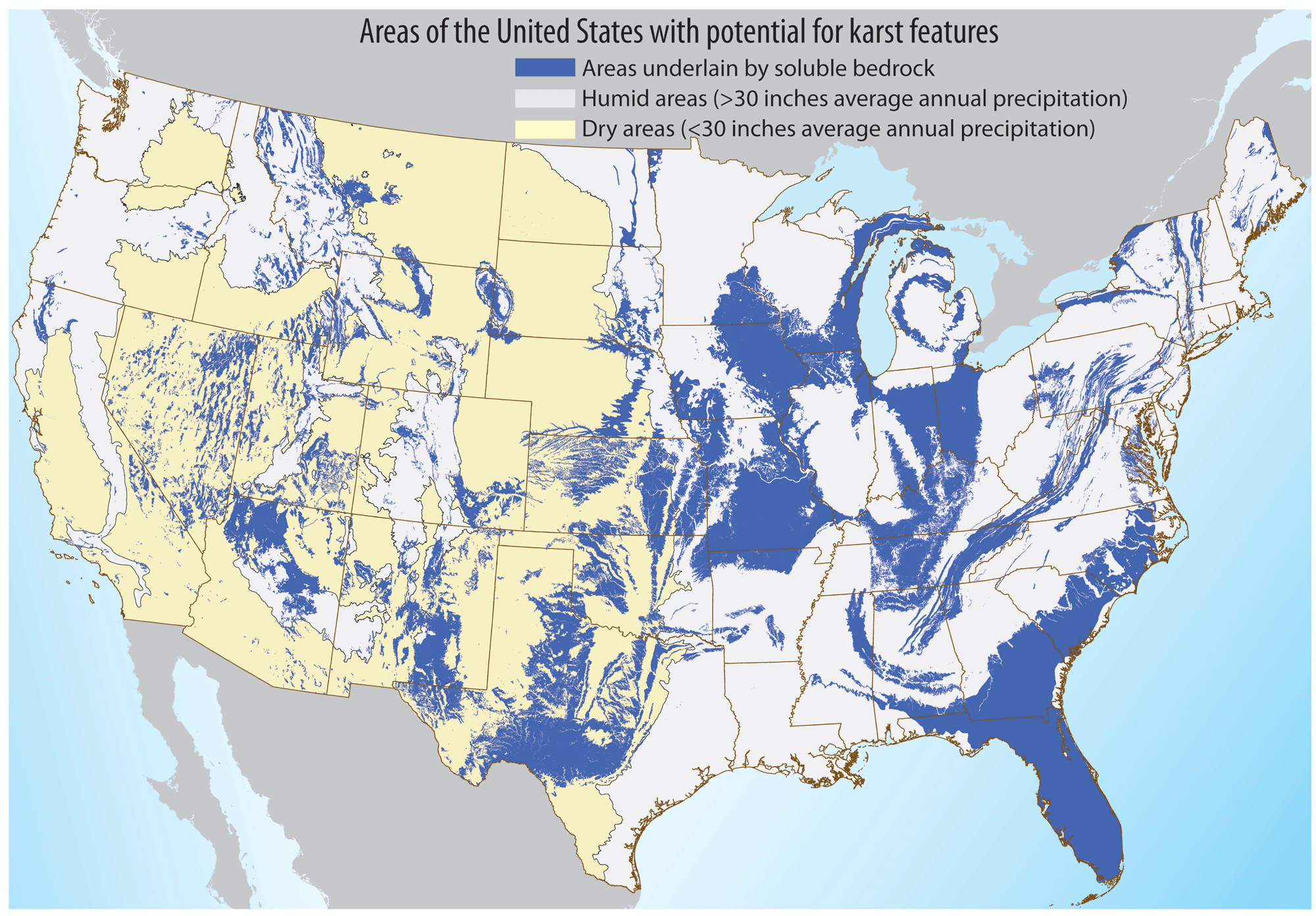 Graphic: Map shows relatively dry and humid areas, as well as the extent of potentially karstic rock types in the contiguous United States.